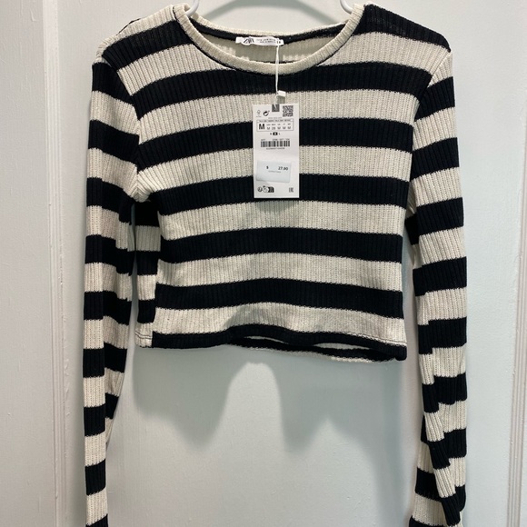 Zara striped long sleeve knit crop top beige/black NWT - Picture 3 of 3